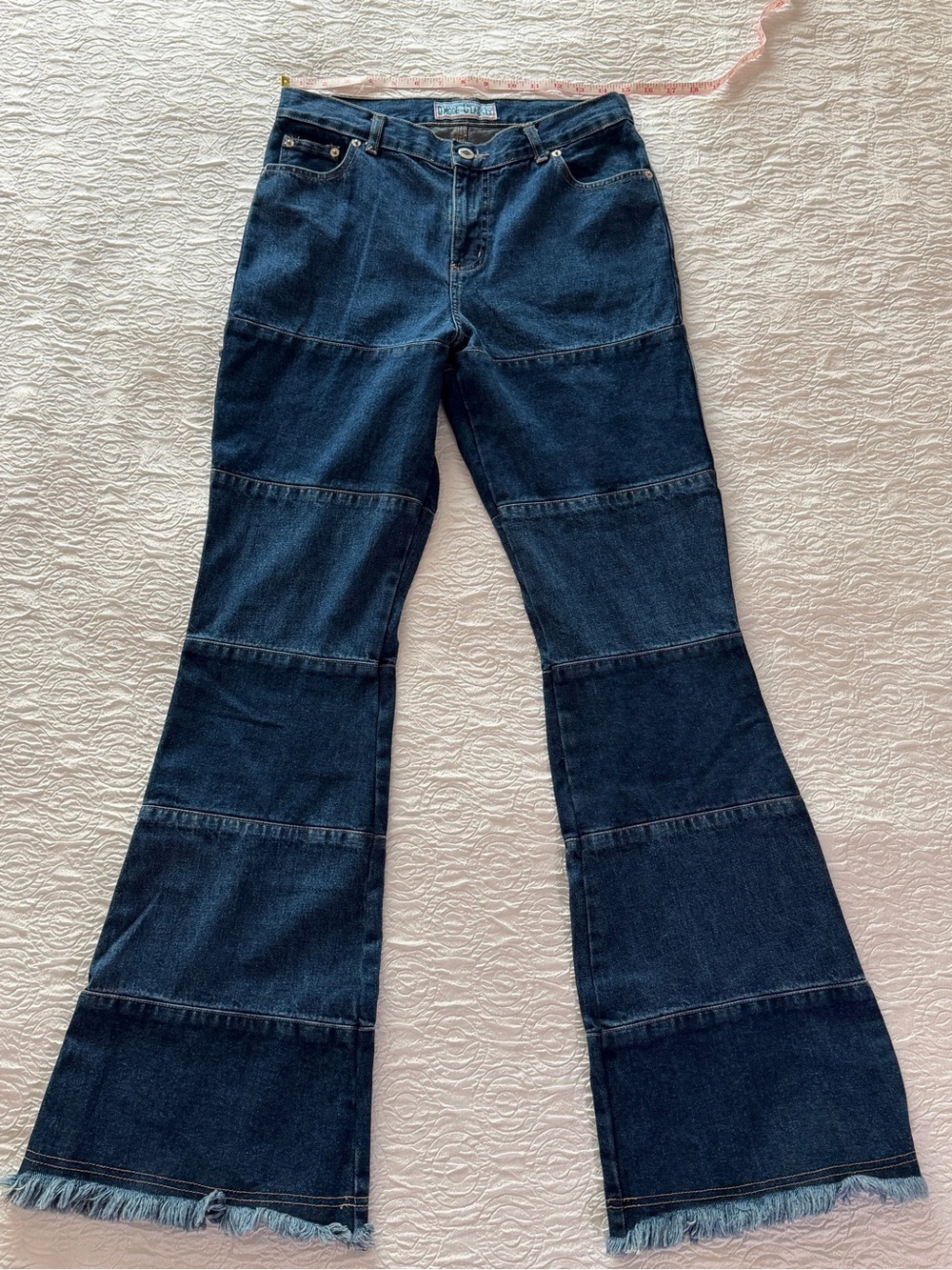 Vintage Tiered Seam Bell DarkBlue Bottom Flare Jeans Fringe Hem Size 7 Y2K Patch